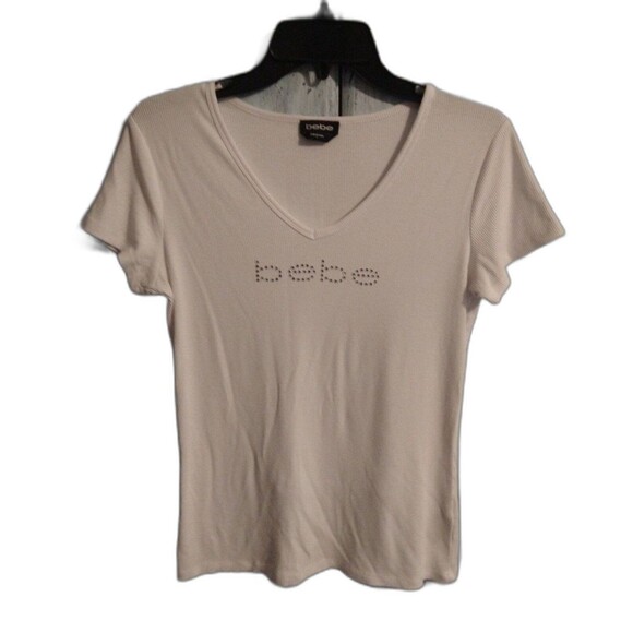 Bebe white Classic White v-neck rhinestone top - Picture 1 of 7